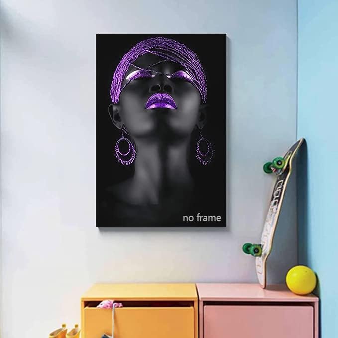 Xuxwhwy Afro-Amerikai Plakát Lila Fülbevaló, Nyaklánc, Fekete Csinos Lány Vászon Nyomatok Wall Art Képek