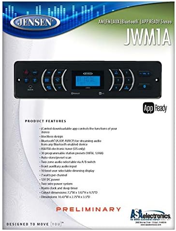 Jensen JWM1A AM|FM|AUX 2-Hangszóró (4 Hangfal Kimenet, 4X 6 Watt) Zónák Walmount Bluetooth Sztereó a Streaming