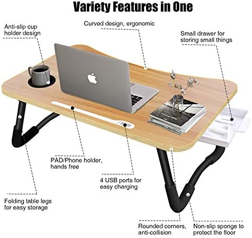 Laptop, Ágy, Asztal,Hordozható Összecsukható Laptop Kör Asztal Tálca Asztal USB Töltés Port/pohártartó/Tároló