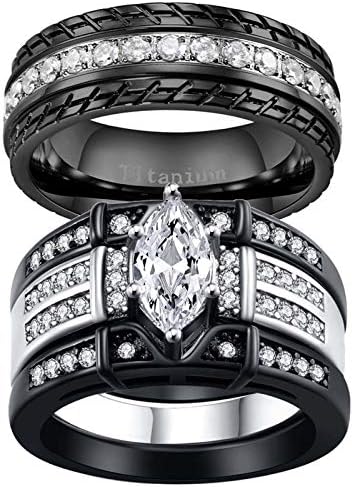 ringheart 2 Fekete Gyűrűk Az Övé a Gyűrű Pár Gyűrűk Marquise Vágott Cz Női Esküvői Gyűrű Szett Titán-Acél