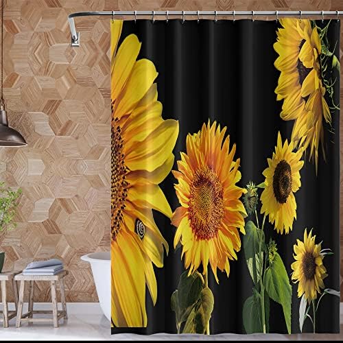 YUYASM Napraforgó Zuhanyzó Függöny Szövet Narancs Sárga Virág, Zöld Levelek, Fekete Virágos Növények Dekoráció