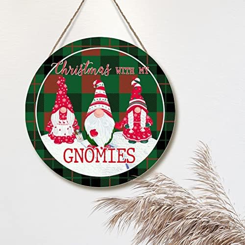 Piros-Zöld Kockás Gnome Családi Fa Wall Art Emléktábla a Karácsonyt A Gnomies Lóg Alá a Karácsony Bejárati
